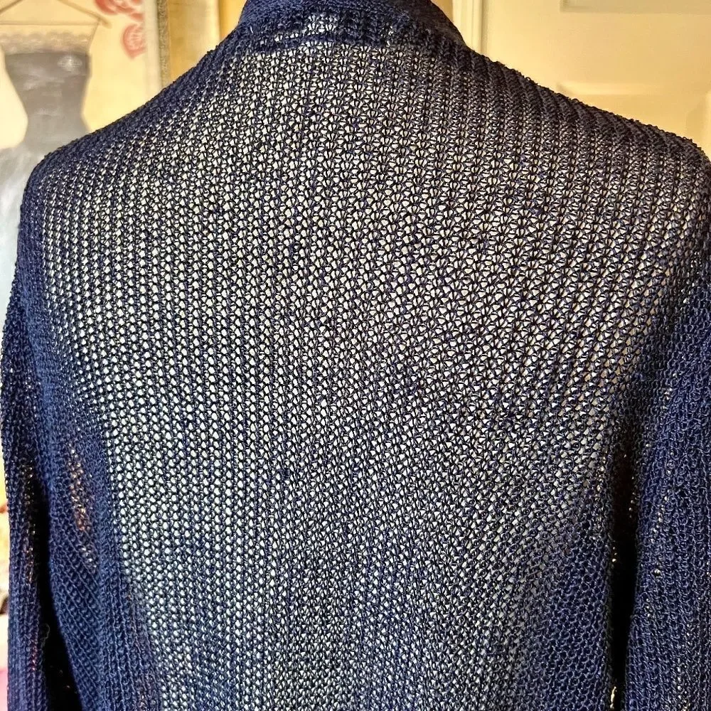 Women's Ines De La Fressange Navy Open Front Loose Weave Cardigan Sweater MEDIUM